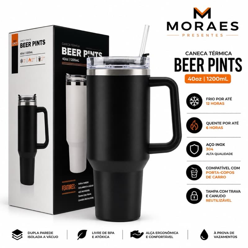 Copo Térmico Grande 1200 Ml Canudo Inox Parede Dupla