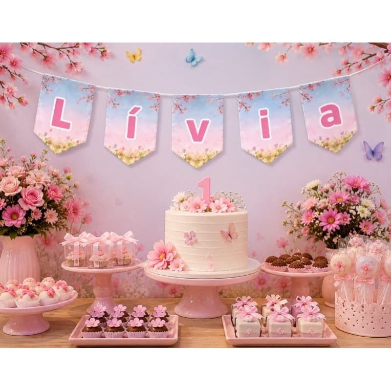 Bandeirola Personalizada Jardim Encantado Borboletas e Flores | Nome Personalizado para Festa Infantil Menina