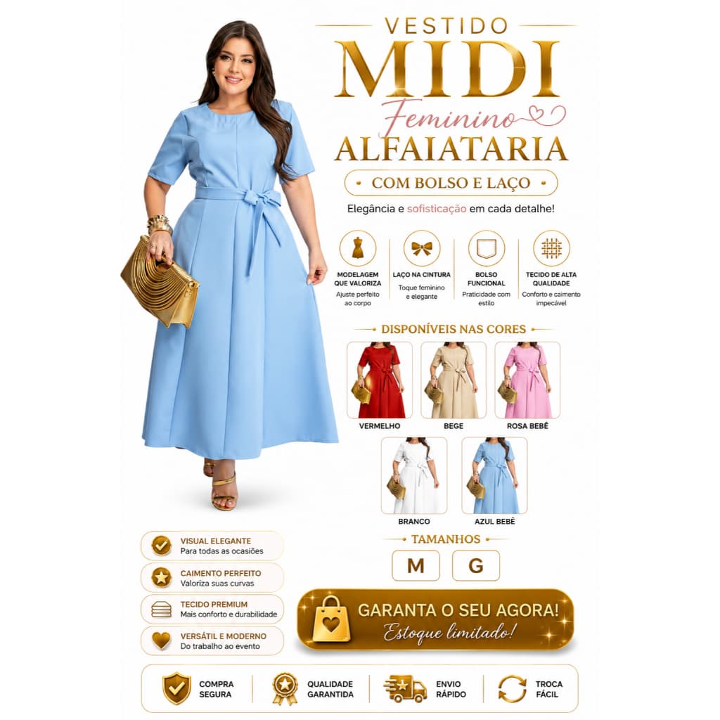 Vestido Midi Feminino Alfaiataria Elegante Festa Casamento Natal Noturno