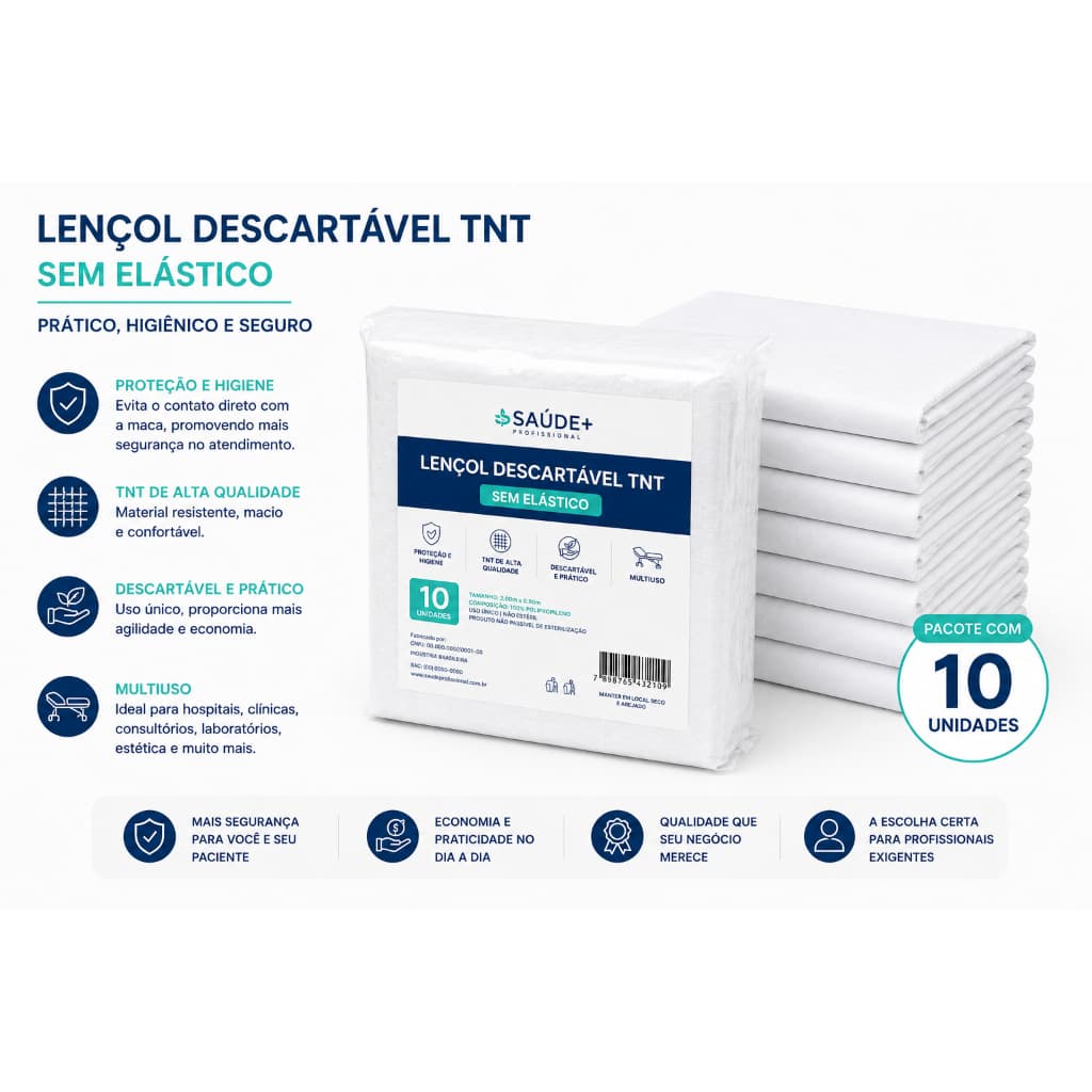 10un - Lençol Descartável TNT Sem Elástico 2,00x0,90m Branco