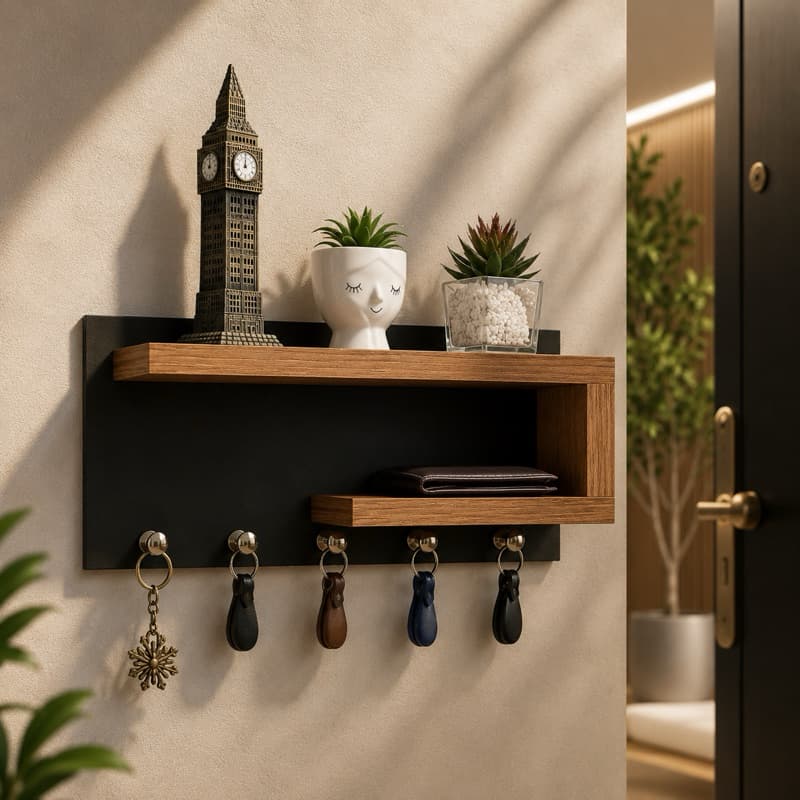 Porta Chaves de Parede Organizador com Prateleira MDF 5 Ganchos 25x13 cm