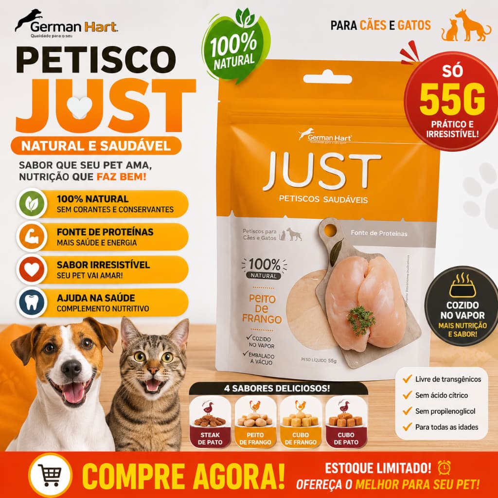 Petisco 100% Natural Peito de Frango Cozido 55g Para Cães e Gatos Just