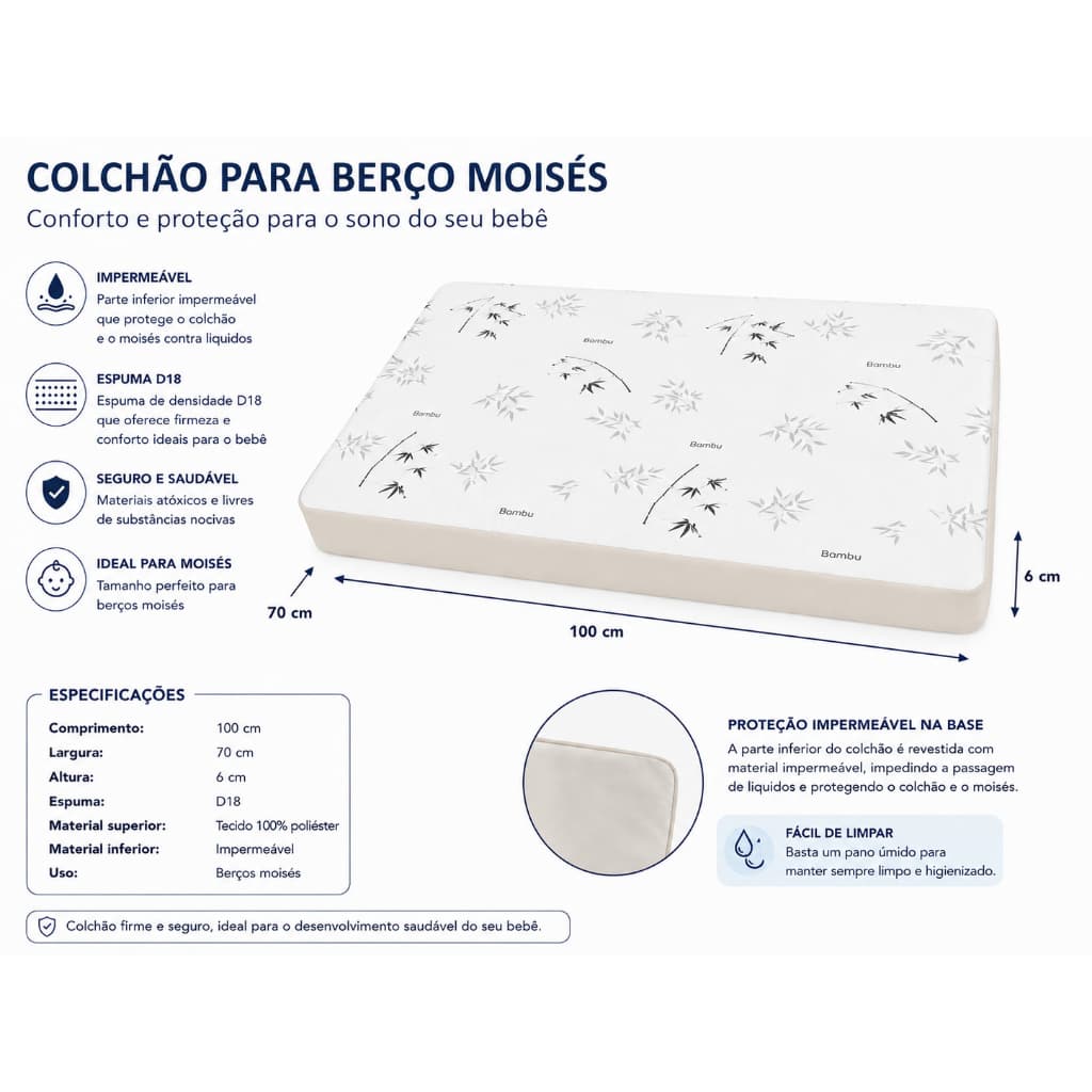 Colchão para berço desmontável chiqueirinho ou cercadinho para bebe medida 100x70x6cm espuma d18