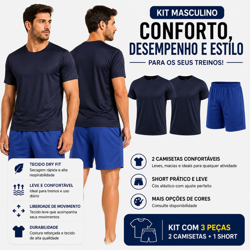 Kit Short Azul + Camiseta Masculina  Esporte Treino Academia Camisa Treino Dryfit