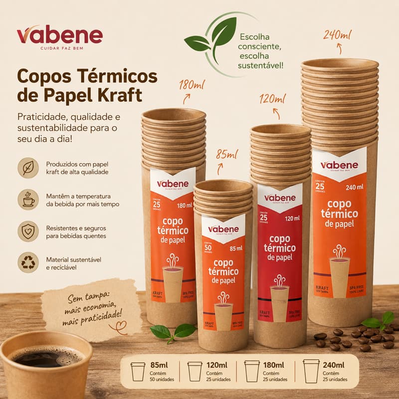 Copos Térmicos de Papel Kraft Vabene – 85ml, 120ml, 180ml e 240ml | Sem Tampa