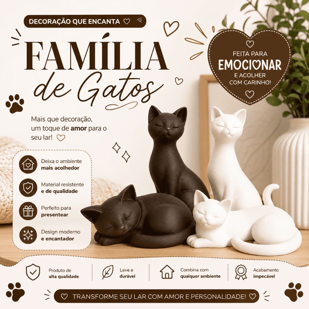 Kit 4 Gatinhos Decorativos Decoração Moderna para Sala Quarto Escritório Estante e Aparador