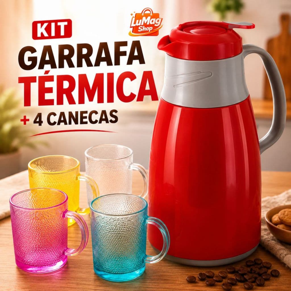 Kit Garrafa Térmica 1L + 4 Canecas Coloridas 190ml Café Chá Escritório Mesa Posta