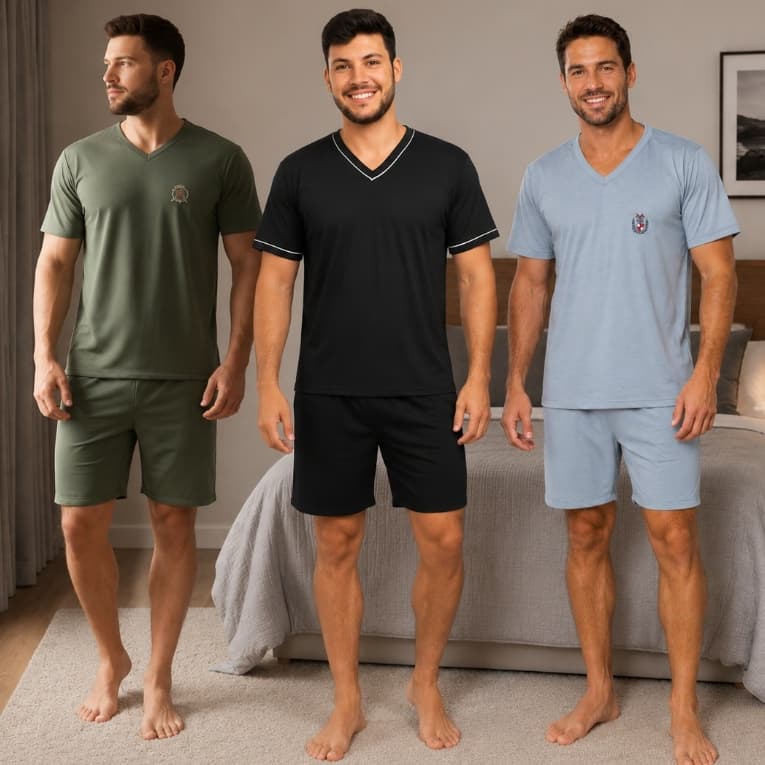Kit 3 Pijamas Masculinos Manga Curta Adulto em Malha, Conjunto de Dormir Roupa de Homem Verão Short