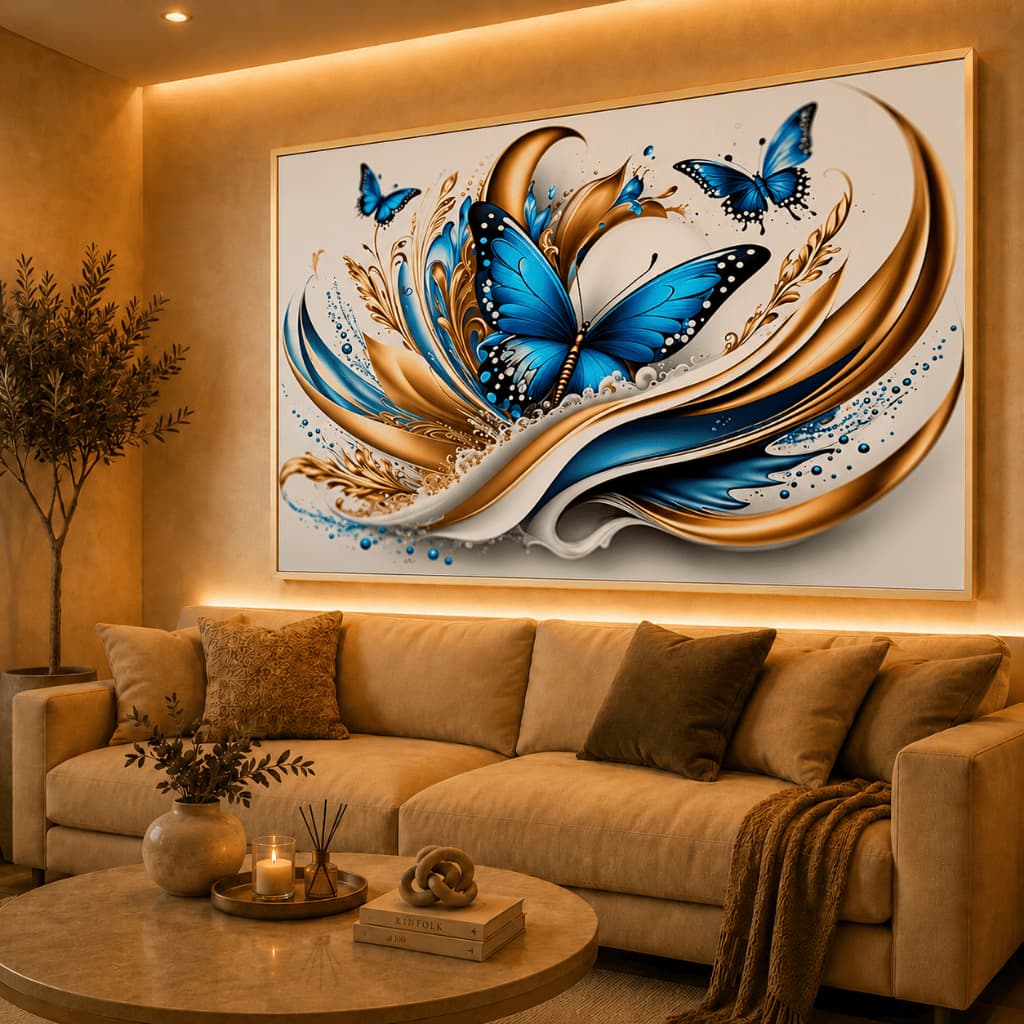 Quadro Decorativo Borboleta Azul Fundo Dourado Mosaico Sala Quarto Escritório