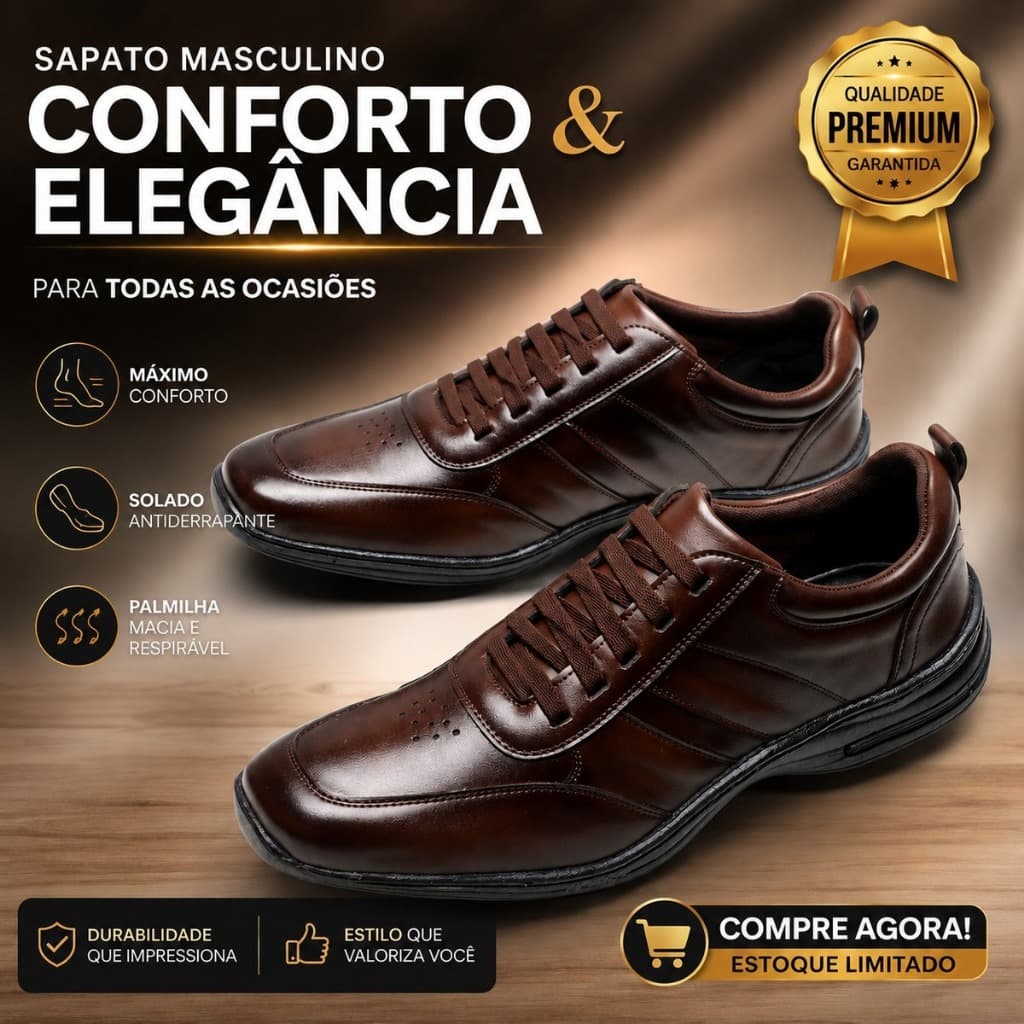 Sapato Masculino Social Confortável Couro P.U Preto e Marrom Macio Elegante Premium