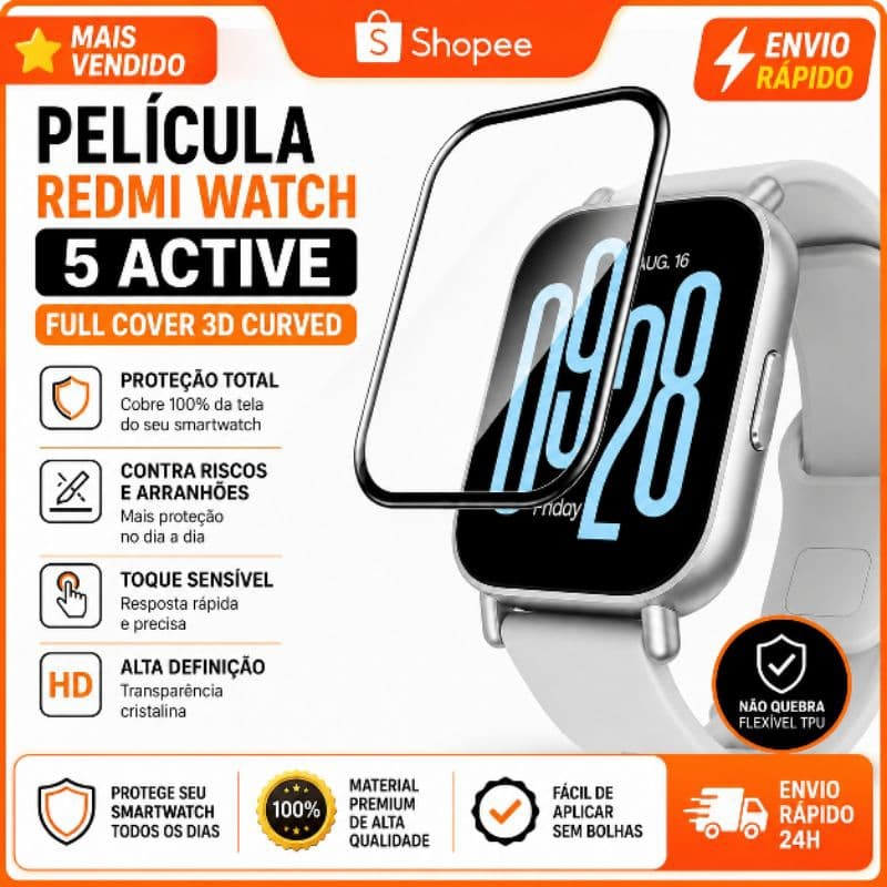 Película Películas 3D Full Cover Redmi Watch 5 Active Proteção Total Hd Anti Risco Proteção Relógio