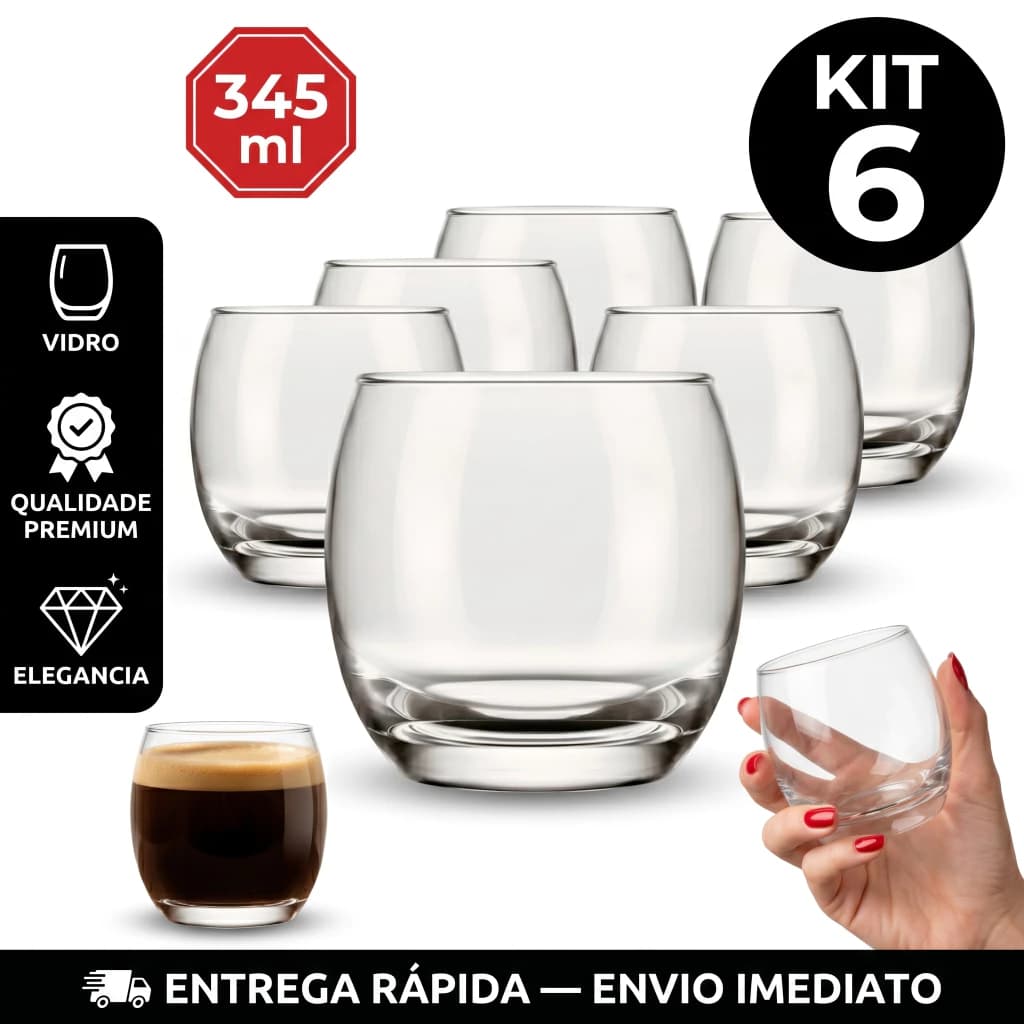 Kit Jogo de Copos Sm Aruba Rocks 345ml Vidro Temperado Liso Multiuso whisky Drink Kit 6 Unidades