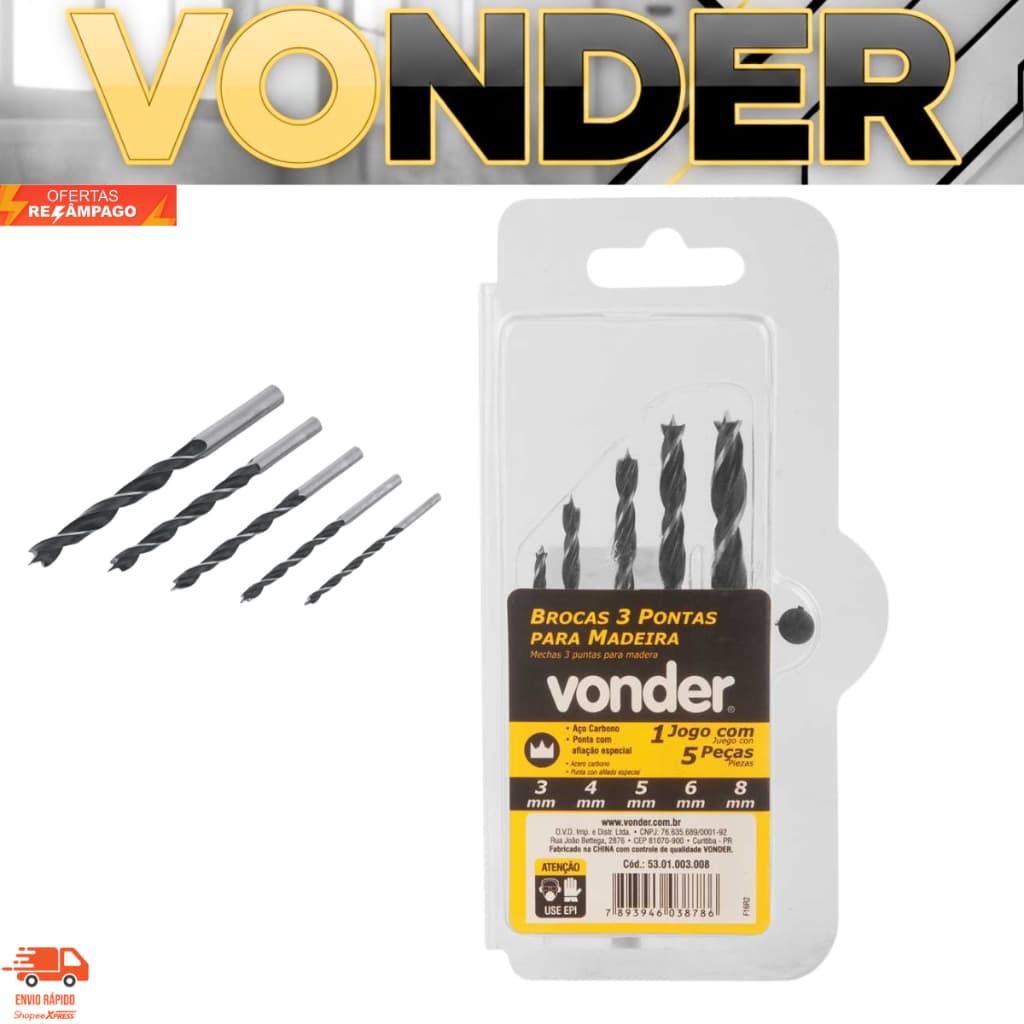 Jogo de Brocas 3 Pontas Para Madeira e Derivados Com 5 Peças de 3mm a 8mm - Vonder Madeira Derivados
