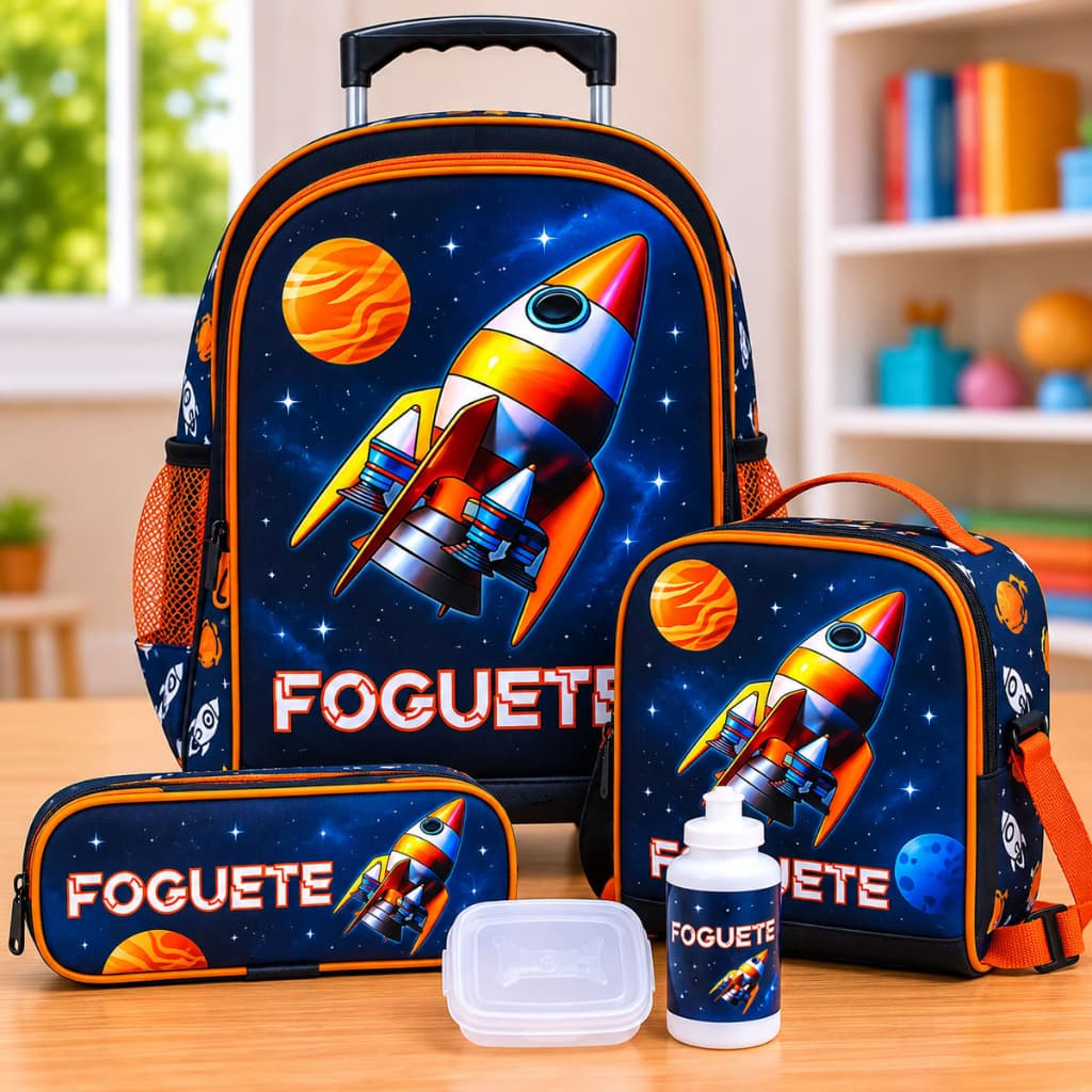 Kit Mochila Infantil De Rodinhas Espaço Foguete Com Lancheira Estojo E Garrafinha Escolar Menino