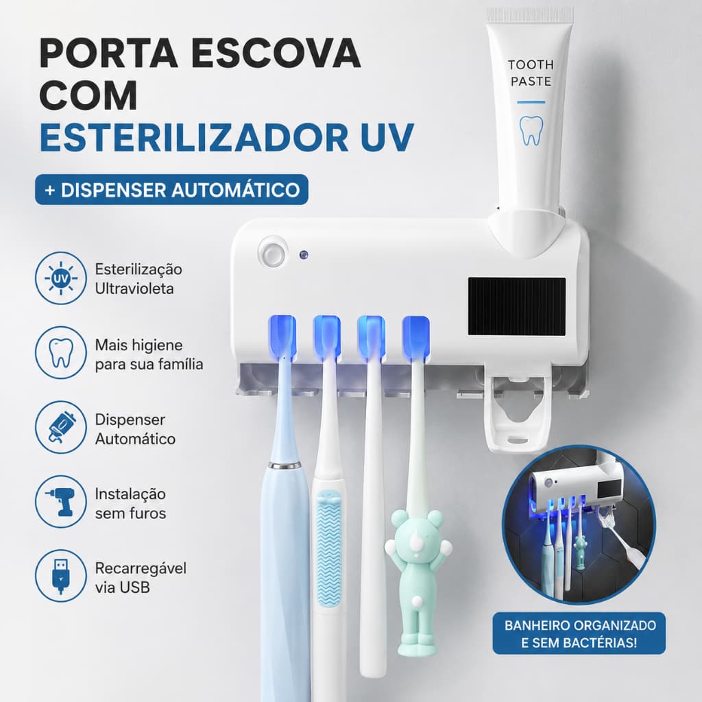 Porta Escova de Dente UV Esterilizador Automático Dispenser de Pasta Dental USB Sem Furar Parede