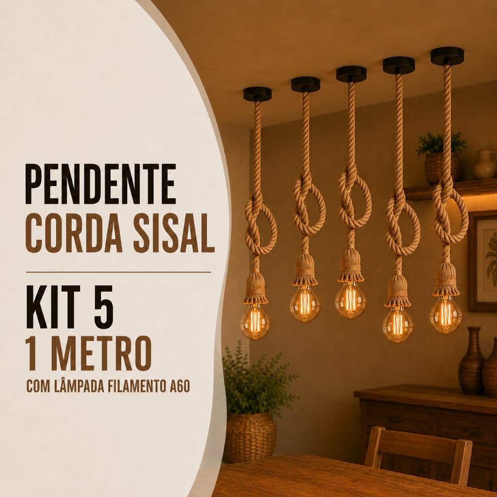 Kit 5 Pendente Corda 1 Metro com 5 Lâmpadas Filamento Âmbar A60 Bivolt 110v/220v Vintage Decorativo