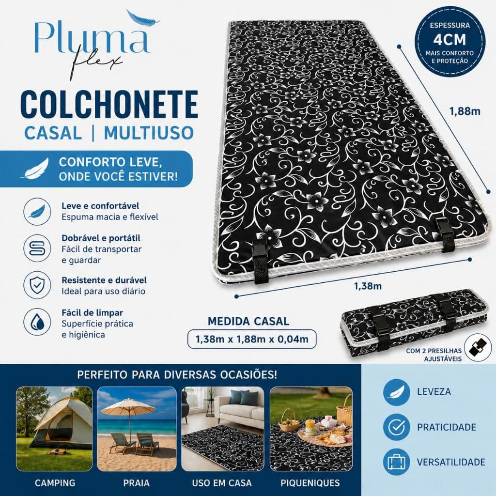 Colchão Colchonete Casal Multiuso 1,38x1,88m para Camping, Piquenique e Descanso