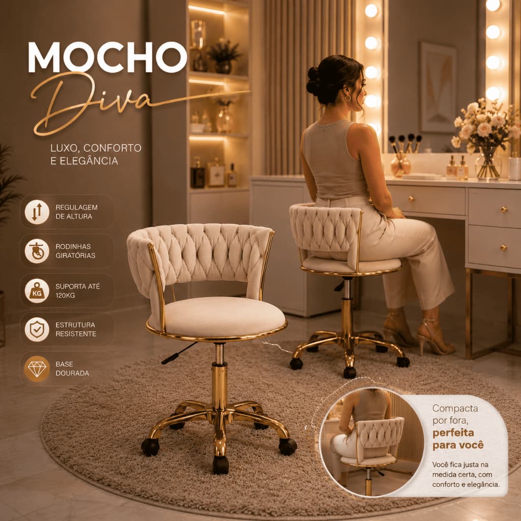 Cadeira Mocho Diva Dourada Luxo Glamour e sofisticação Alto padrão