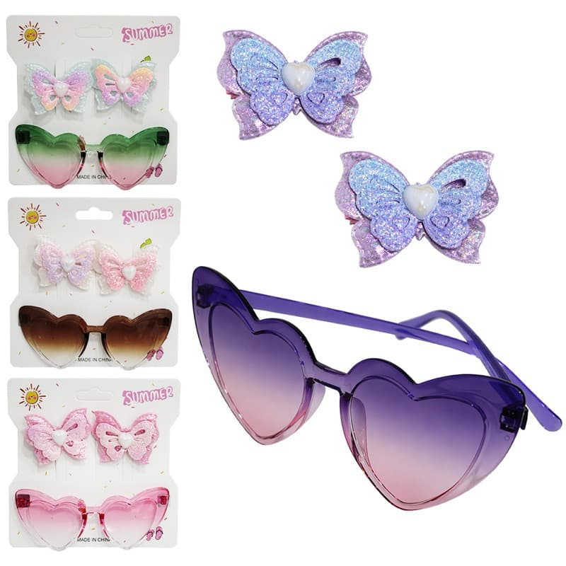 Kit Beleza Infantil Com Óculos Coração + 2 Acessórios Para Cabelo Presilha Borboleta
