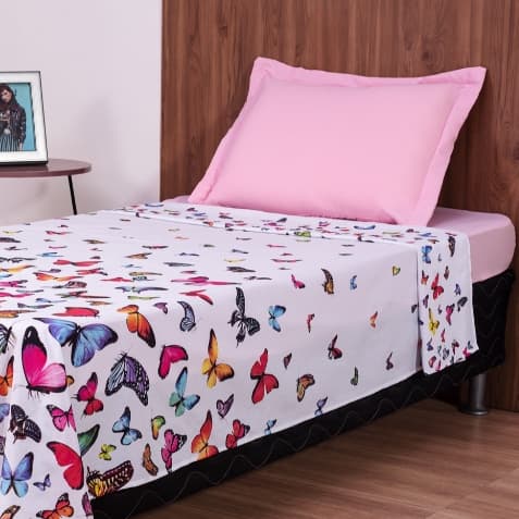 Jogo De Cama Lençol Solteiro Infantil Menina Algodão Percal 180 Fios Borboletas Estampado 3 Peças