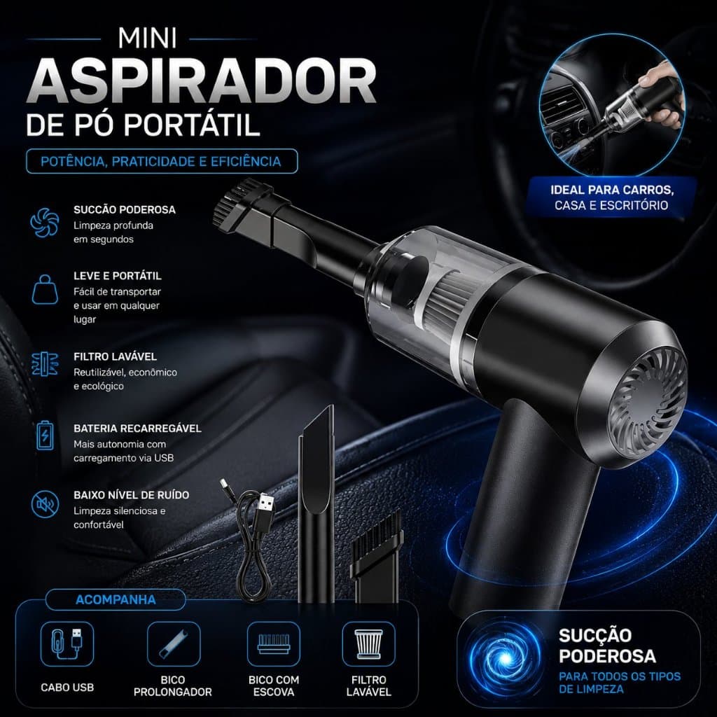 Mini Aspirador de Pó Sem Fio Recarregável USB 3 em 1 Alta Sucção Carro Casa Teclado