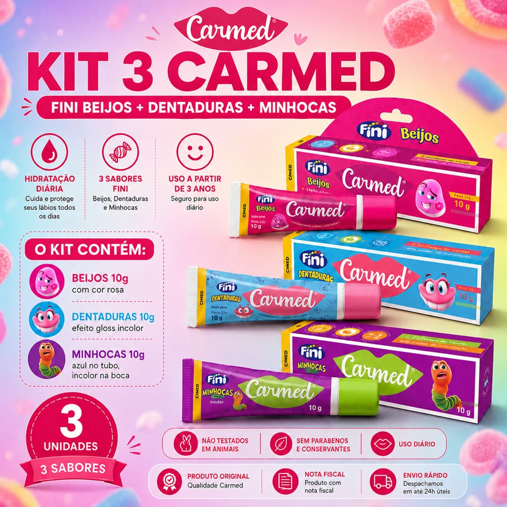 Kit 3 Hidratantes Labiais Carmed Fini Original | Dentadura + Beijos + Minhocas Lip Balm
