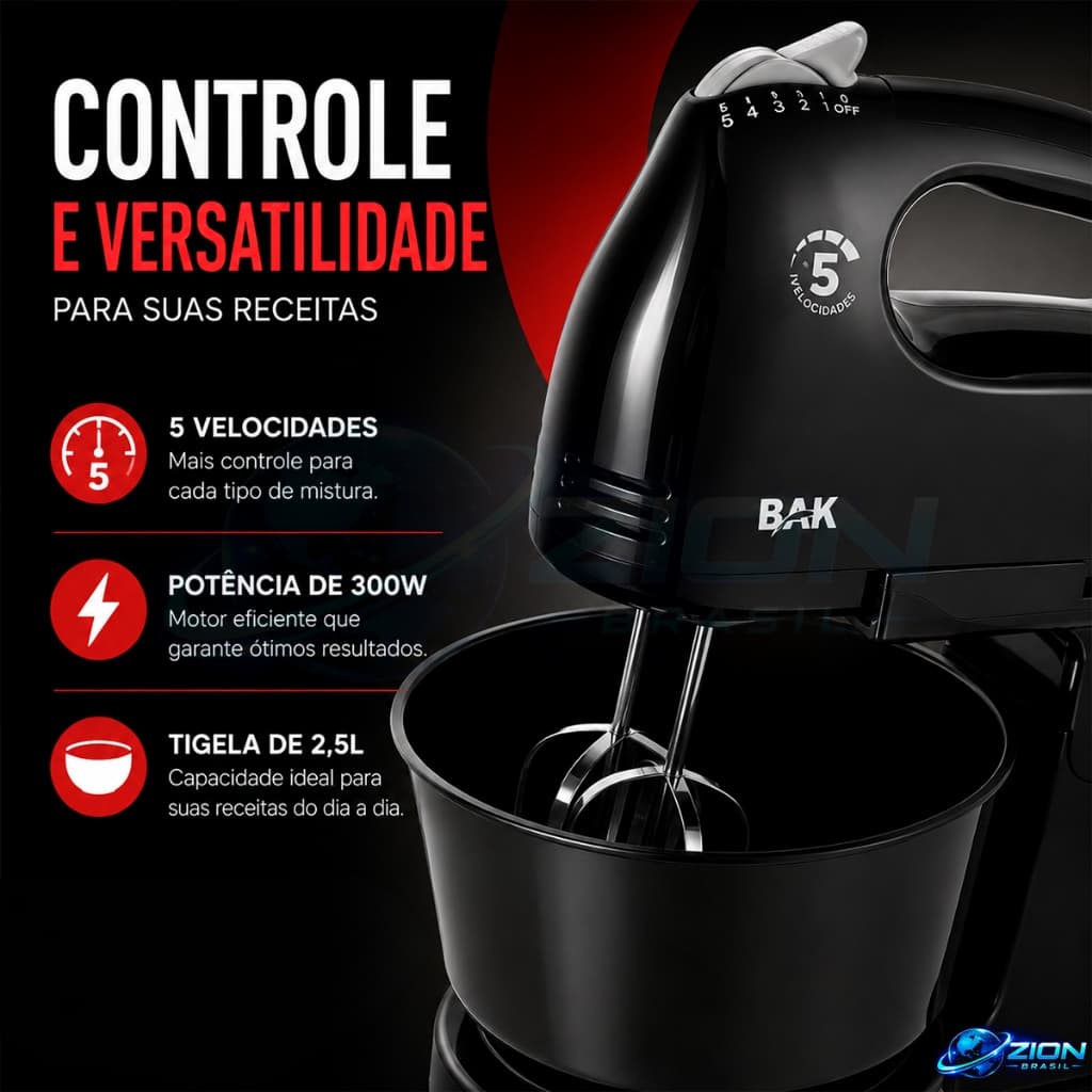 Batedeira Preta 300W Com Tigela 2,5L 5 Velocidades Batedores Ganchos Massas Bolos Cremes Uso Diários