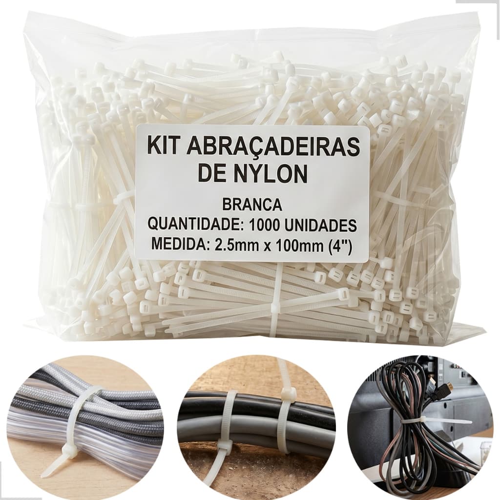 Kit 1000 Abraçadeira Nylon 2,5mm x 10cm Fita Cinta Plástica 100mm Lacre Enforca Gato Braçadeira