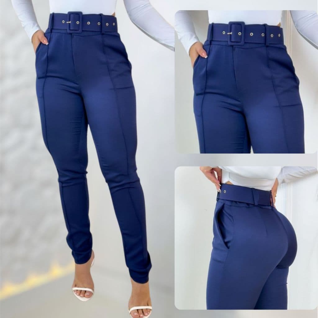 Calça Social Com Cinto Feminina Alfaiataria Elegante Casual Com Bolsos e Botão