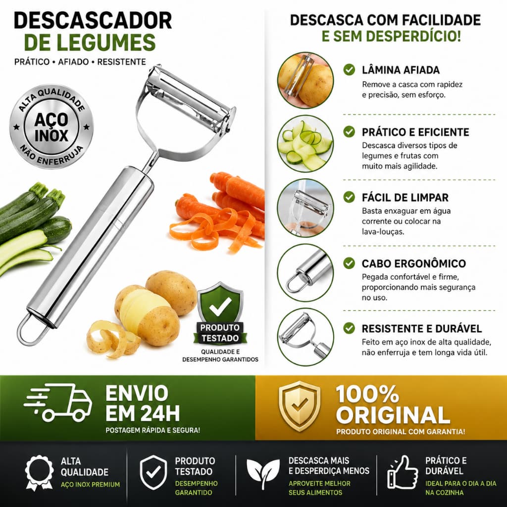 Descascador de legumes Frutas e Verduras Inox com Lâminas Duplas Prático