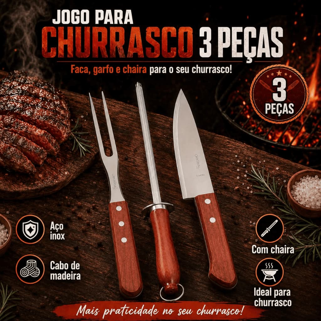 Kit Profissional Churrasco 3 Peças Faca Garfo Afiador Inox Cabo Madeira
