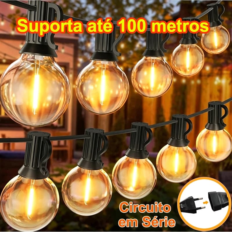Lâmpada + Varal de Luz Cordão G40 Inquebrável 2700K Multitensão Para Jardim Camping Churrasco Festa
