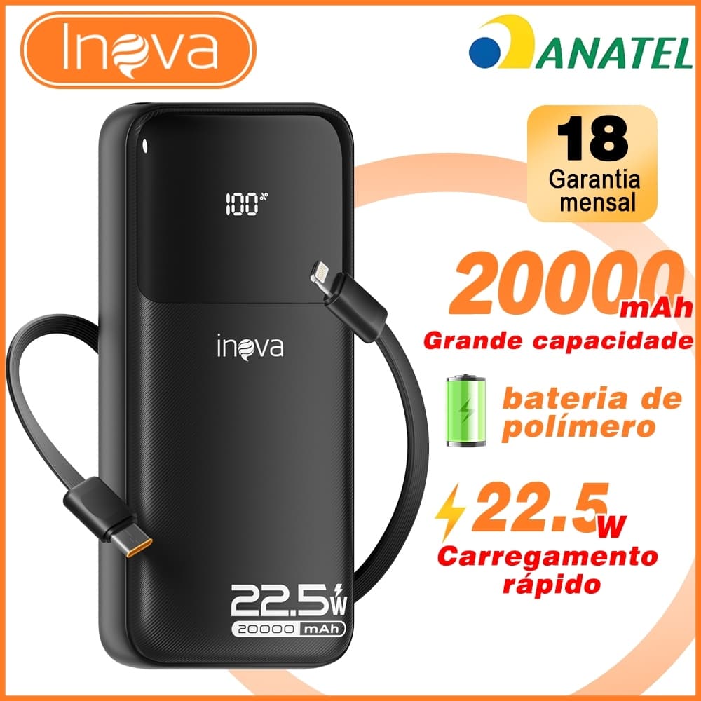 INOVA Carregador portátil 20000 mAh Alta capacidade Carga rápida Turbo 22.5W Display digital Cabo embutido