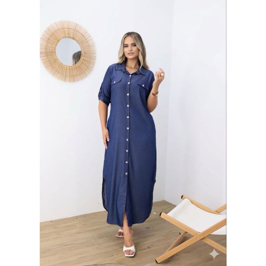 Vestido Chamise Longo com Botões e Manga 3/4 - Moda Casual Elegante Slim ao Plus Size