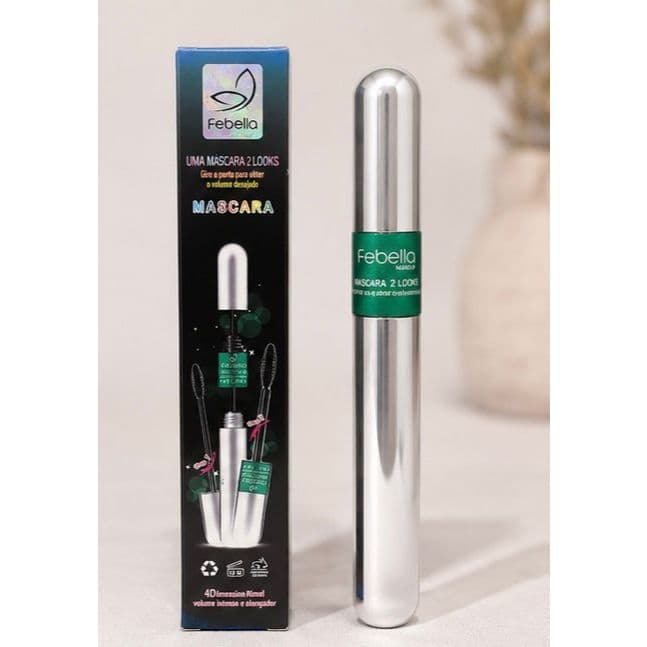 Máscara de Cílios Febella 4D Volume Intenso e Alongamento 2 em 1 Efeito Cílios Postiços 15g, Rímel, Maquiagem, Preto