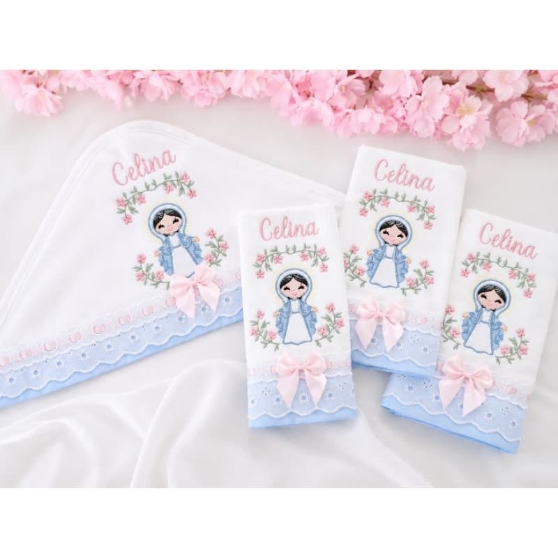 Toalha Fralda Bebê Banho com Capuz Bordada Personalizadas Nossa Senhora das Graças + kit  Fraldas 4 Peças