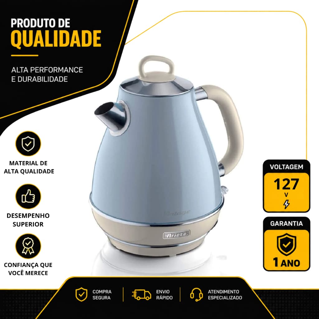 CHALEIRA ELÉTRICA ARIETE VINTAGE 1,7L EM AÇO INOX 1500W AZUL 127V 00C28690FARBR