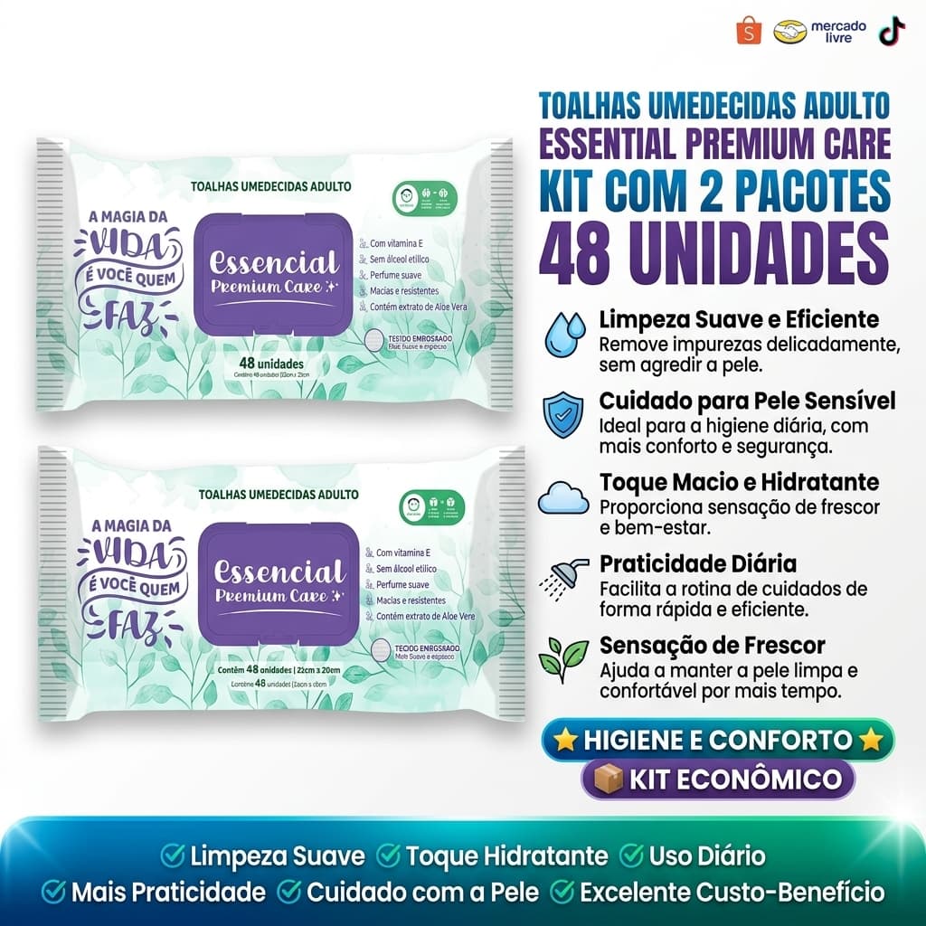 Kit 2 Pacotes Toalhas Umedecidas Essencial Premium Care (96 Unidades) – Higiene e Cuidado Adulto