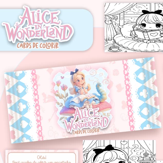 Card de Colorir Alice no País das Maravilhas • 4 Desenhos • Personalizado • Lembrancinha Festa Infantil  📄 CARD DE COLOR