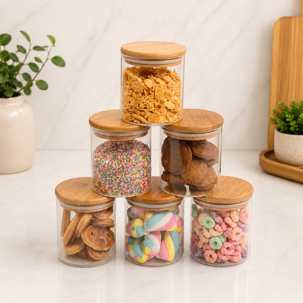 Potes de Vidro com Tampa de Bambu Kit com 6 400ml Mantimentos Herméticos Oikos Pote Cozinha Alimentos Tempero Redondo