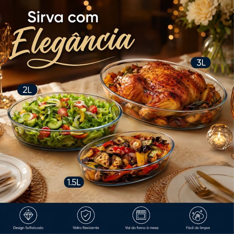 Jogo de Travessas Ovais de Vidro Refratário 3 Peças (1.5L, 2L, 3L) - Elegância e Praticidade na Cozinha