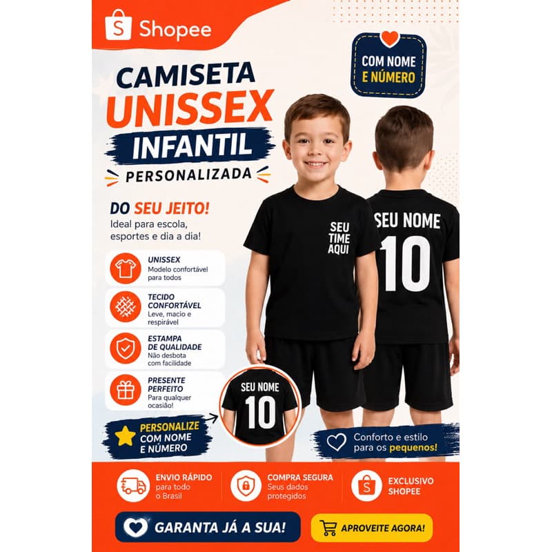 Camiseta infantil unissex SEU TIME PERSONALIZADO.