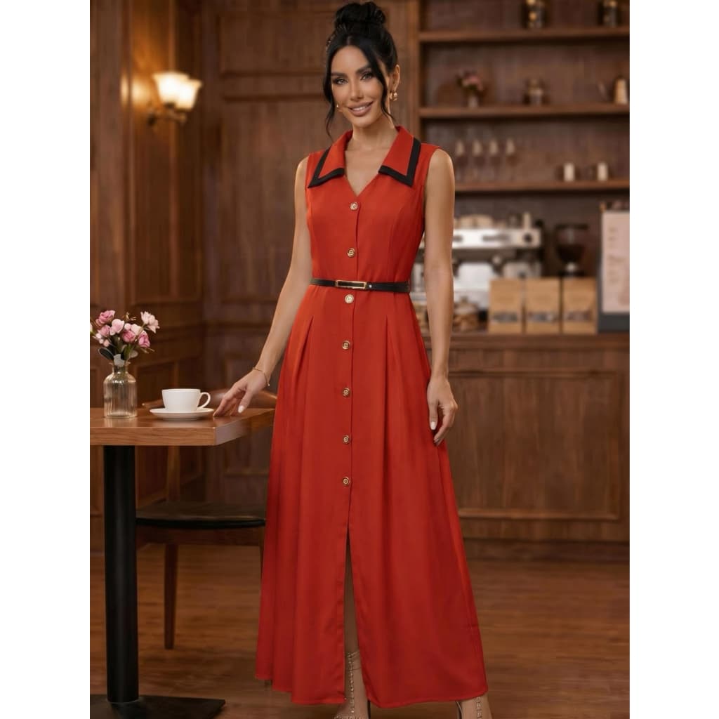 Vestido Longo Elegante e Vintage Feminino com Cintura Marcada, Gola Lapela, Botões, Ajustado