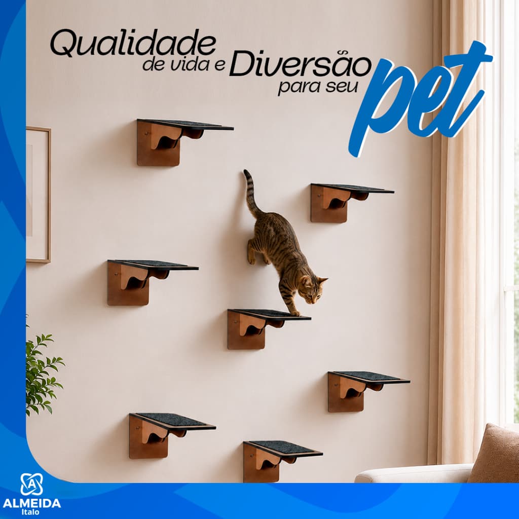 Kit 7 Degraus Escada Gato Parede MDF Pet Playground Suporte 10kg Montado