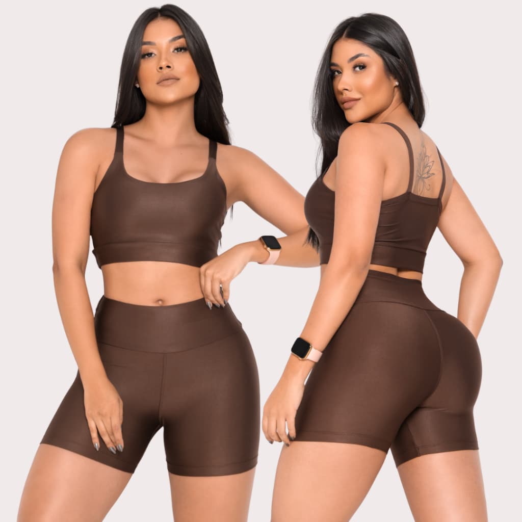 Conjunto Fitness Feminino Malha Poliéster Top + Short Cintura Alta Confortável Várias Cores P ao GG