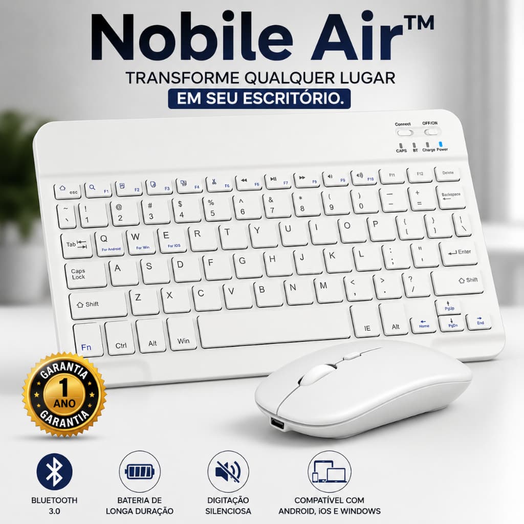 Kit Teclado e Mouse Bluetooth Sem Fio Nobile Air™ Para Tablet Celular iPad Android iOS Windows
