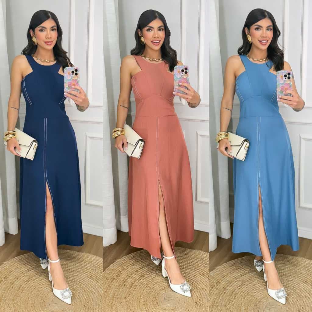 vestido longo feminino com detalhes no busto e na saia bordado elegante e casual