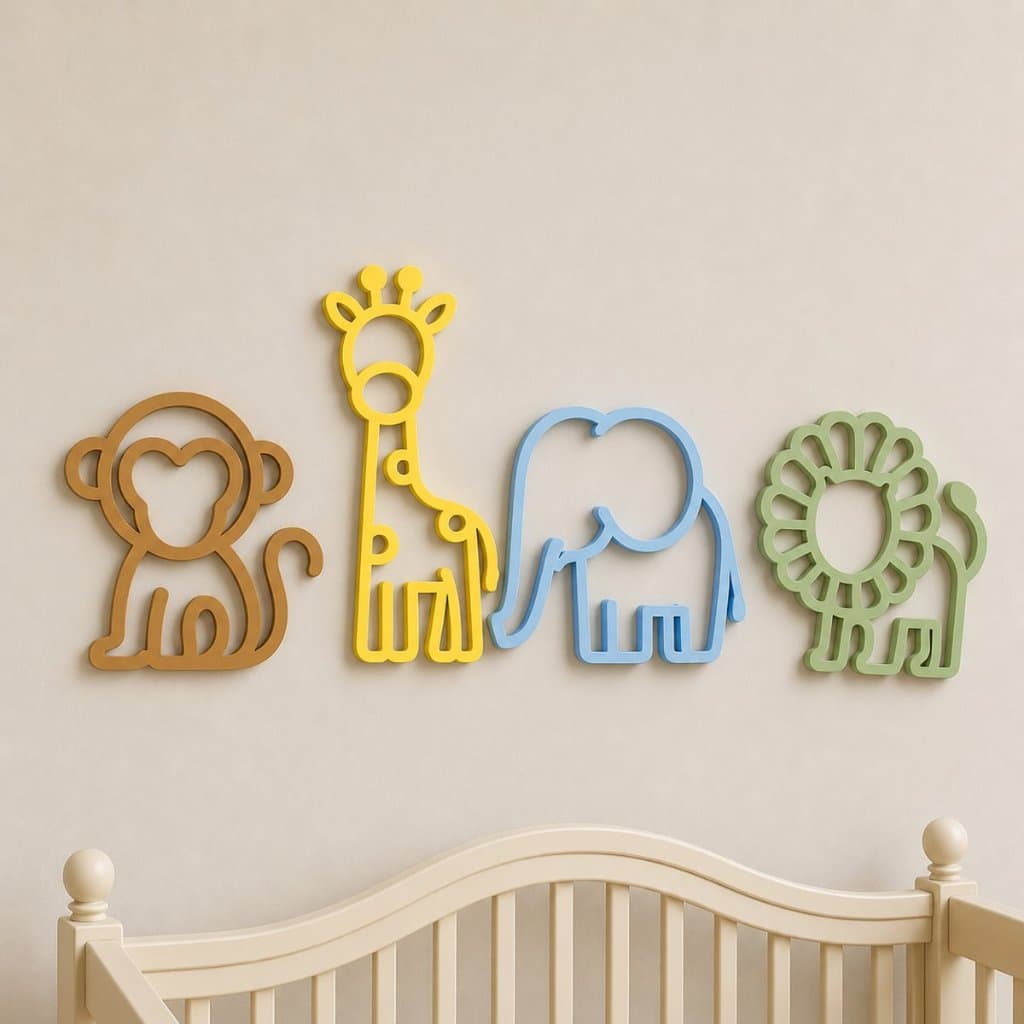 Kit Safari Infantil 3D Decoração Quarto Bebê Animais Leão Girafa Elefante Macaco Parede Baby Decor