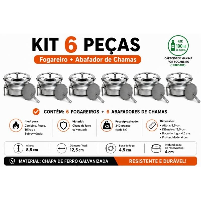 kit 6 Fogareiro espiriteira a álcool sem pintura para camping, caminhoneiros e pesca.