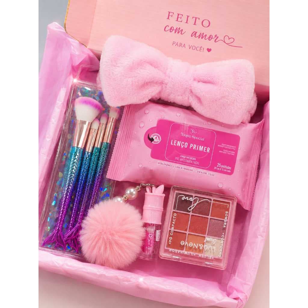 Kit Maquiagem Completo Feminino Rosa com Pincéis, Paleta de Sombras, Faixa Spa, Lip Oil e Lenço Demaquilante